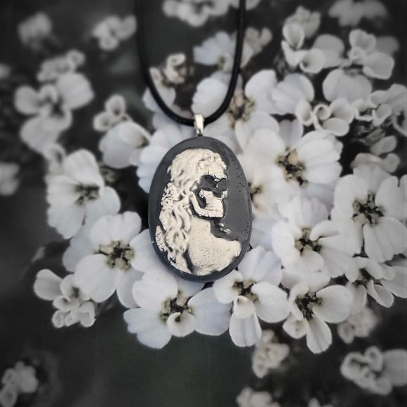 Handmade Ceramic Grey Skull Cameo Pendant Necklace - Picture 15 of 15
